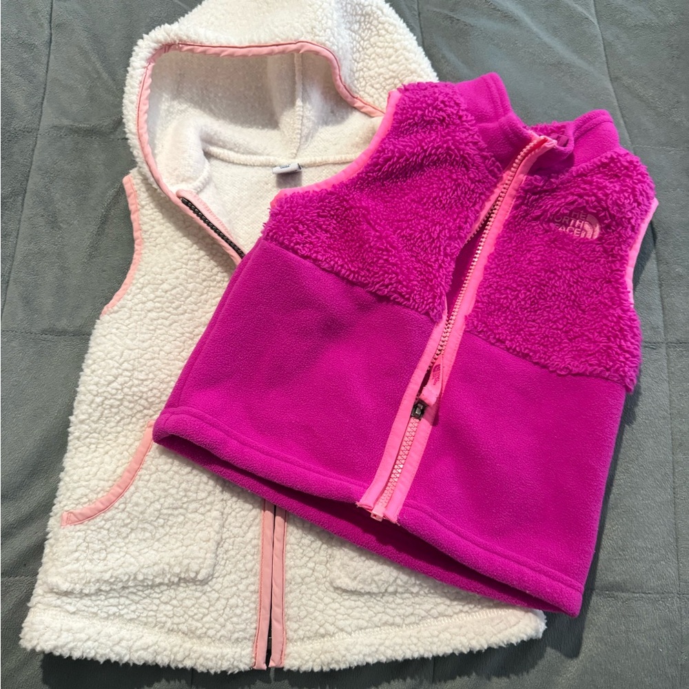 North Face Pink Vest 12-18 months and Old Navy Cream Fleece Vest with hood. 4T